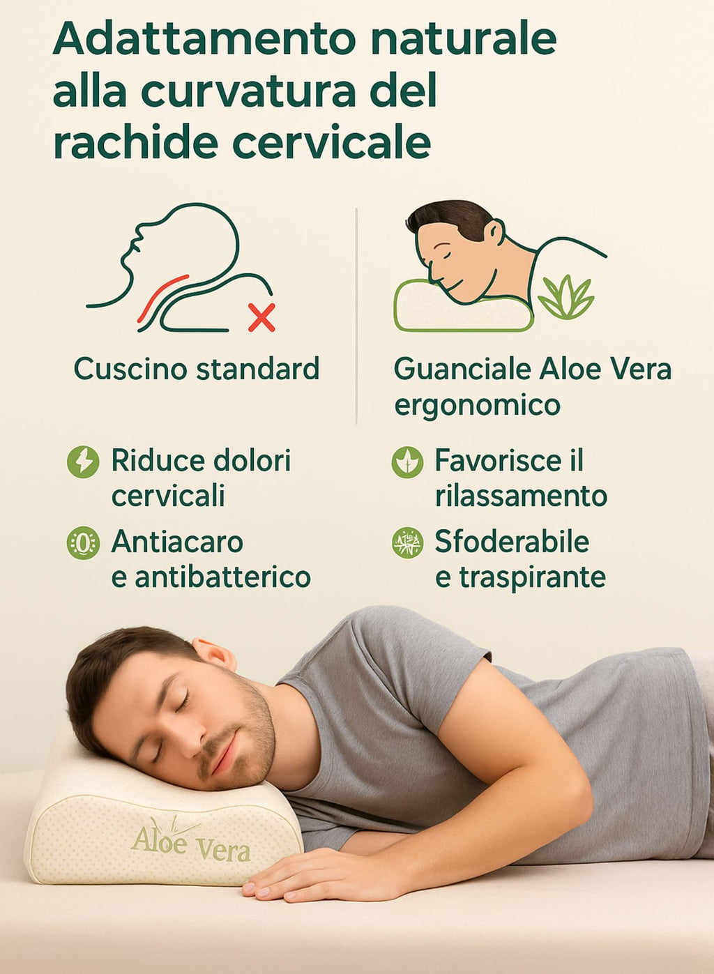Cuscino Cervicale per dormire in Memory Foam Ortopedico Doppia Onda ideale per supporto al collo Ergonomico Traspirante e Anallergico con Federa Aloe Vera Antiacaro Lavabile Made in Italy