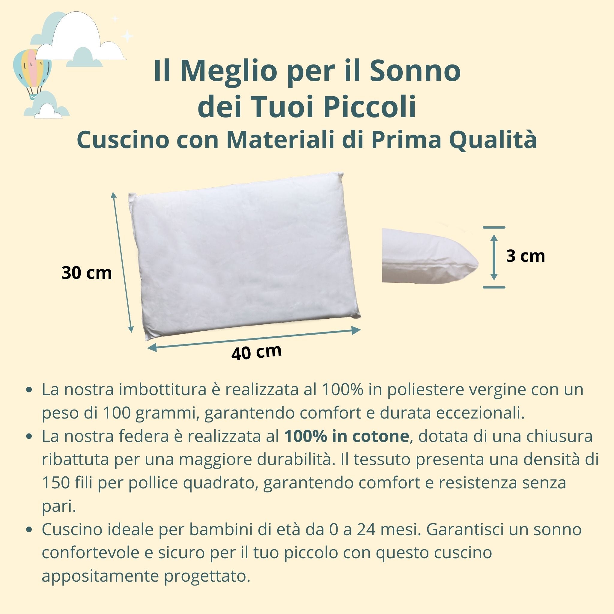 Cuscino Piccolo Culla e Lettino Neonato Bambino 40x30 Nanna Sicura 100% cotone 0 1 2 anni per Asilo Nido Viaggio Campeggio Carrozzina Traspirante Antiacaro ed Anallergico Made in Italy