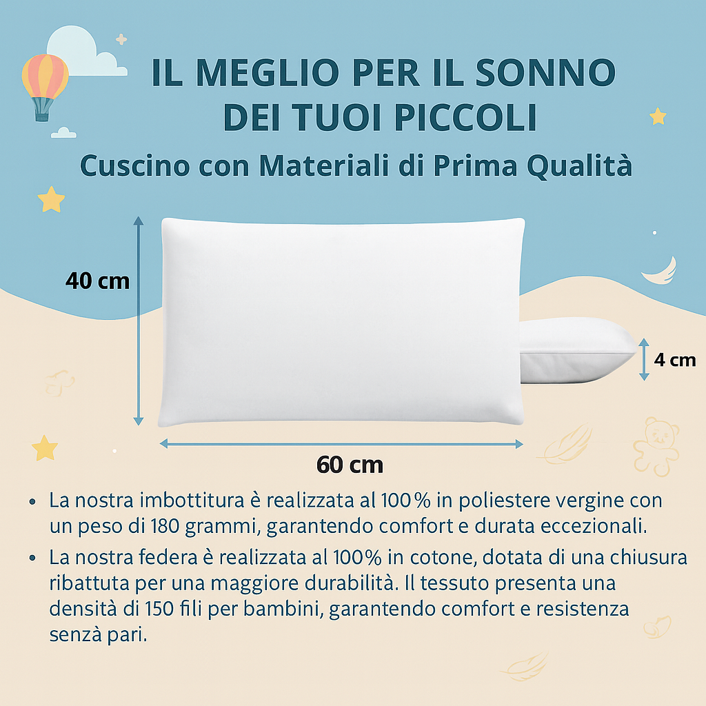 Cuscino Lettino Bambino 60x40 cm 100% Cotone Guanciale Letto Culla Antiacaro Anallergico Traspirante Morbido 1 2 3 4 Anni Alto 4 cm Made in Italy