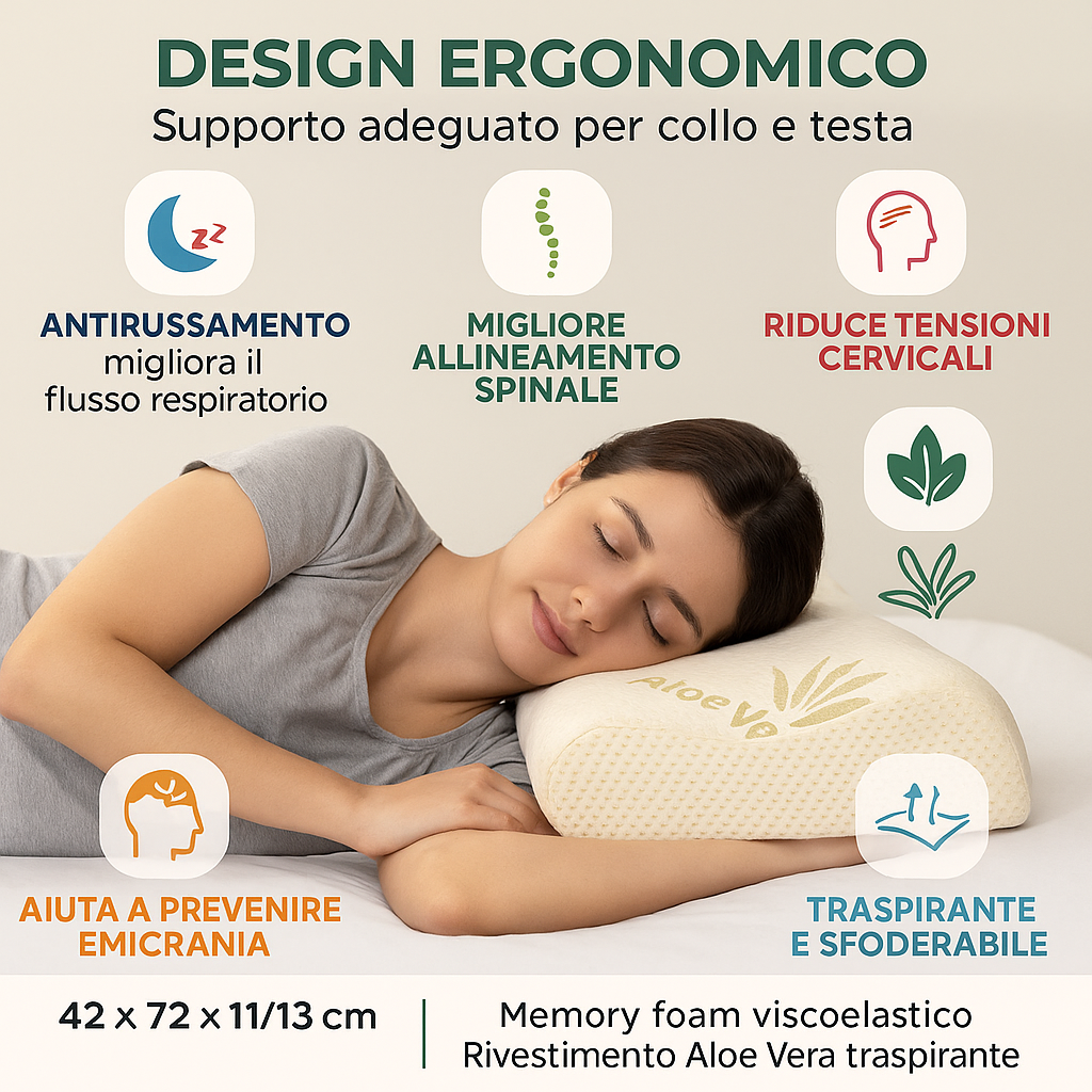 Cuscino Cervicale per dormire in Memory Foam Ortopedico Doppia Onda ideale per supporto al collo Ergonomico Traspirante e Anallergico con Federa Aloe Vera Antiacaro Lavabile Made in Italy