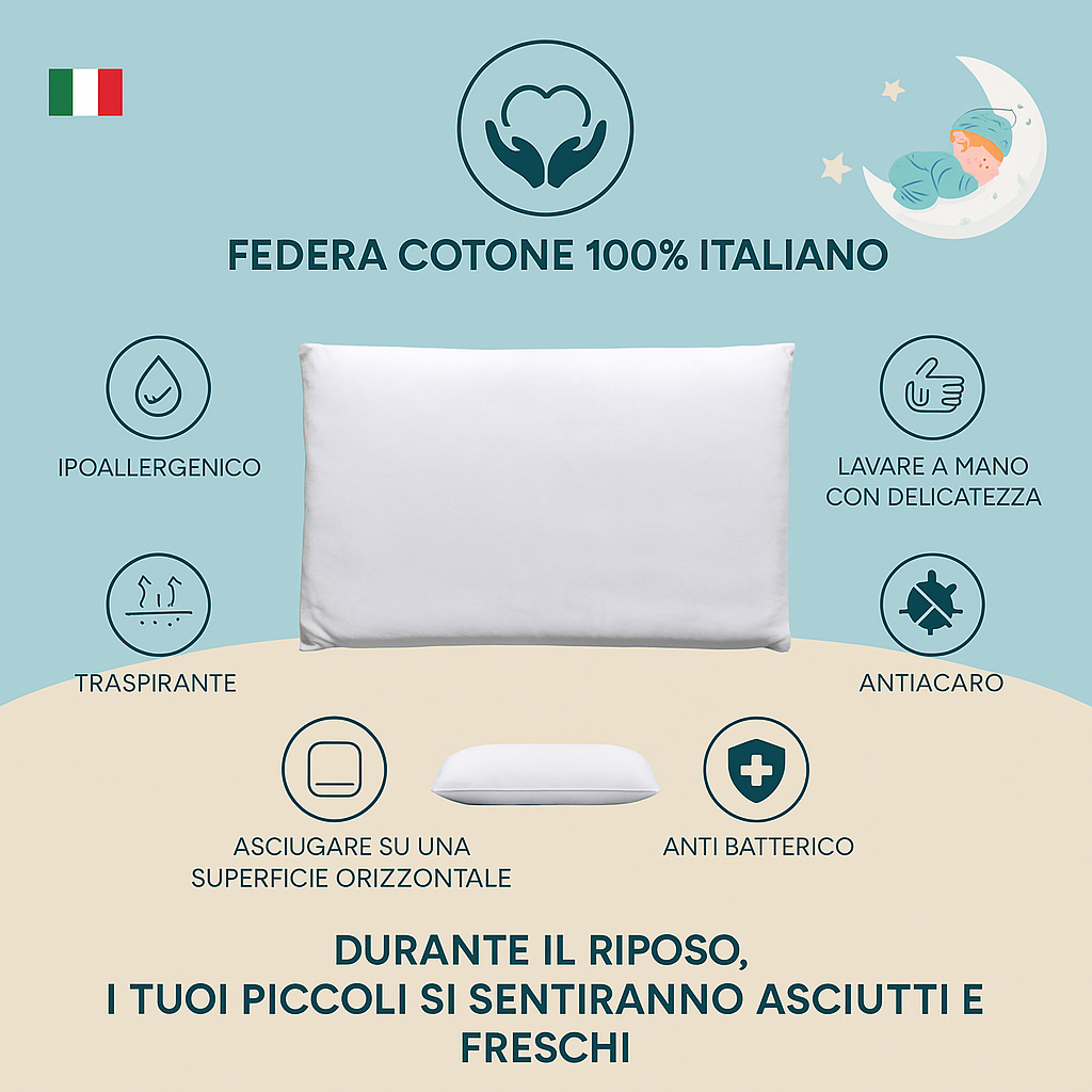 Cuscino Lettino Bambino 60x40 cm 100% Cotone Guanciale Letto Culla Antiacaro Anallergico Traspirante Morbido 1 2 3 4 Anni Alto 4 cm Made in Italy