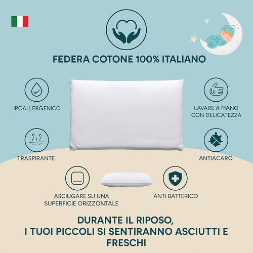 Cuscino Lettino Bambino 60x40 cm 100% Cotone Guanciale Letto Culla Antiacaro Anallergico Traspirante Morbido 1 2 3 4 Anni Alto 4 cm Made in Italy