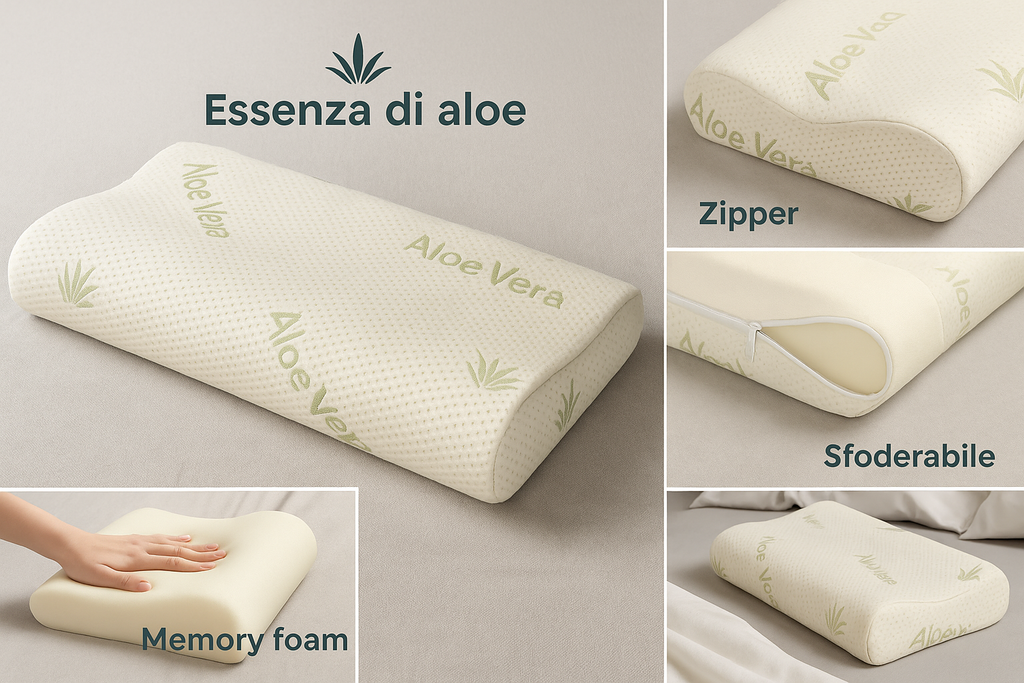 Cuscino Cervicale per dormire in Memory Foam Ortopedico Doppia Onda ideale per supporto al collo Ergonomico Traspirante e Anallergico con Federa Aloe Vera Antiacaro Lavabile Made in Italy