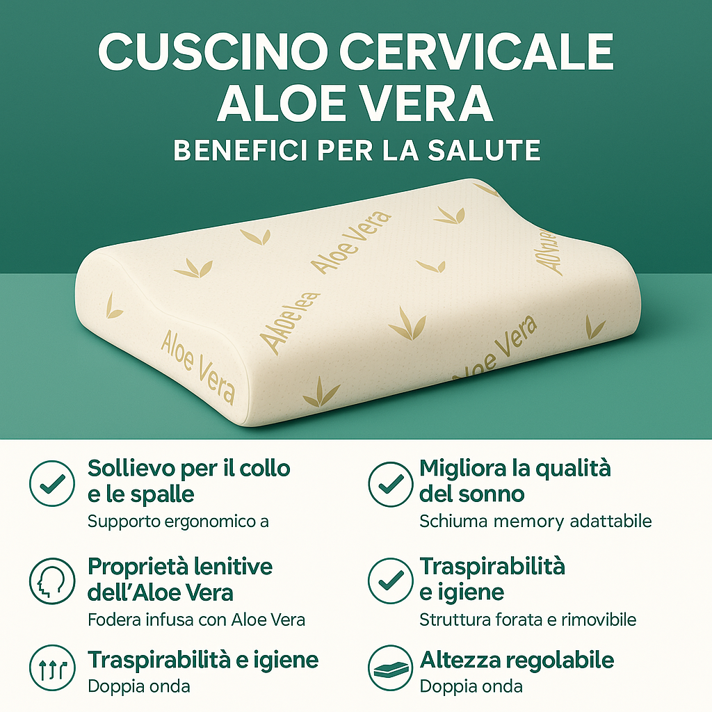 Cuscino Cervicale per dormire in Memory Foam Ortopedico Doppia Onda ideale per supporto al collo Ergonomico Traspirante e Anallergico con Federa Aloe Vera Antiacaro Lavabile Made in Italy